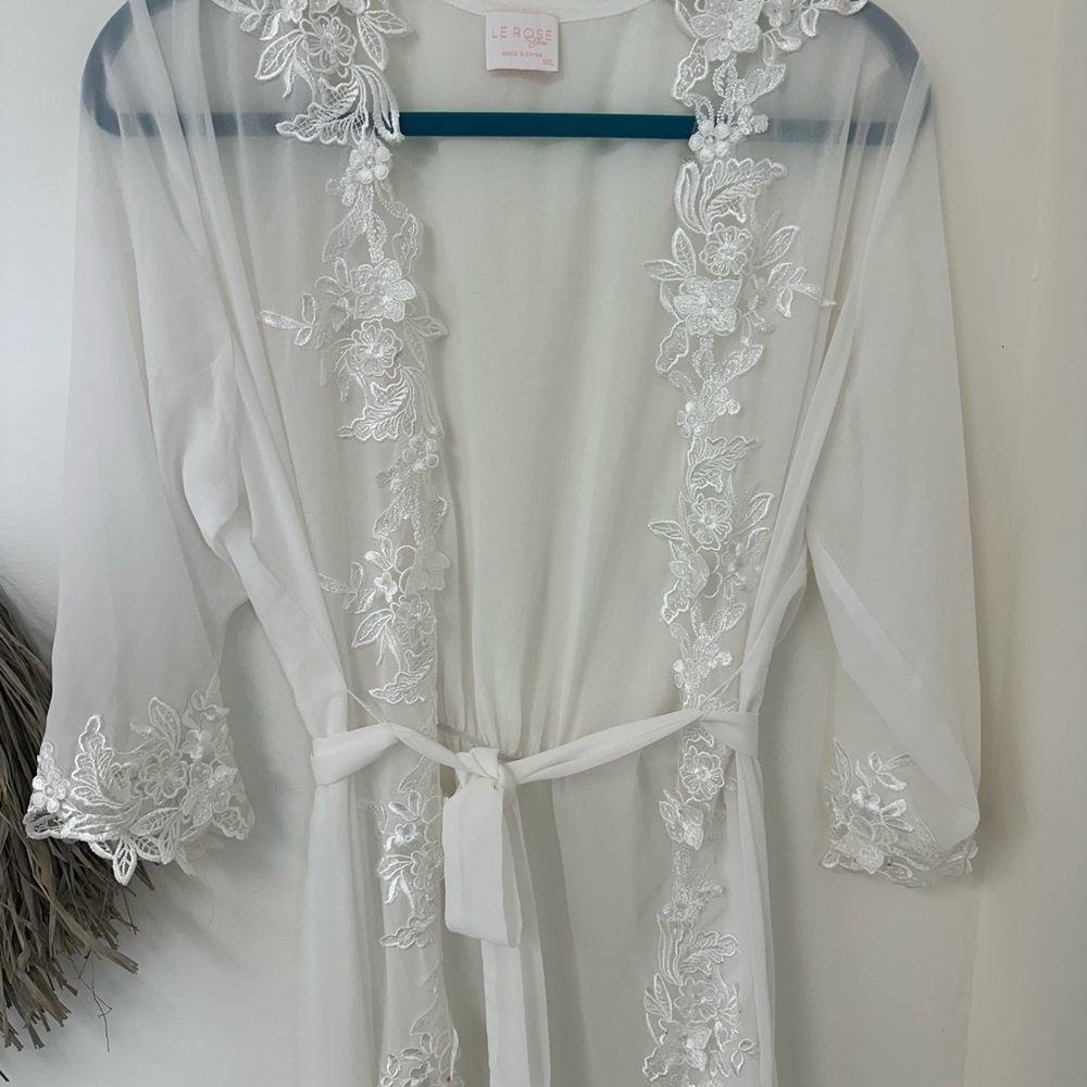 White Lace Trim Robe with Sheer Mesh and Tie Belt- Bridal